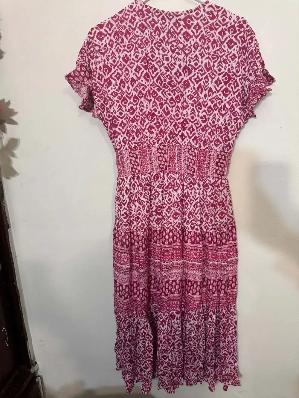 J Gee Pink and White Patterned Smocked Waist Midi Dress Size S